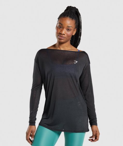 Koszulki Gymshark Treningowe Oversized Long Sleeve Tee Damskie Czarne | PL 379ITD